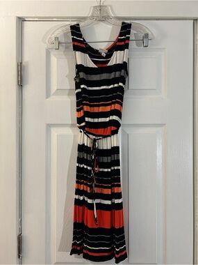 Black, White & Red Striped Sleeveless Midi Dress